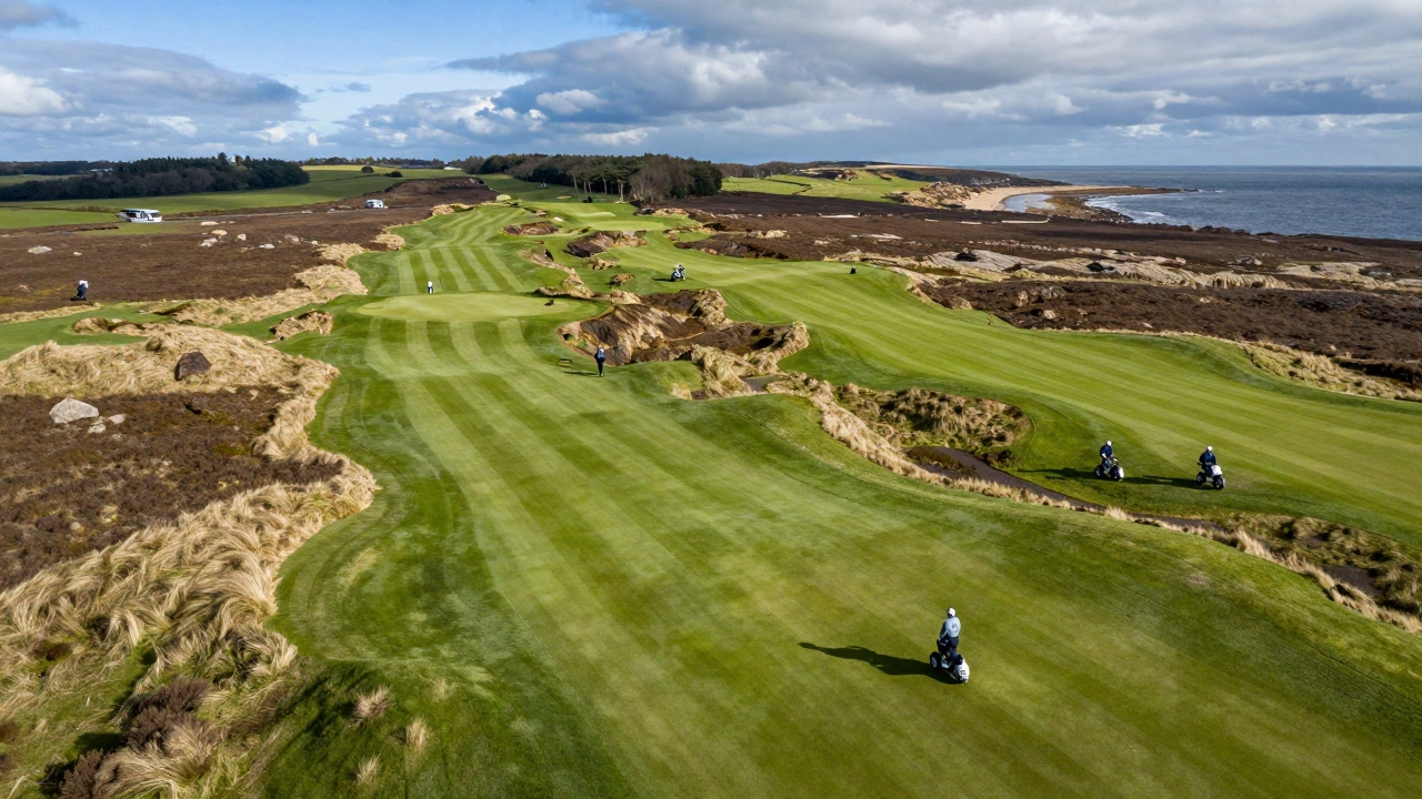 Aerial view of multiple St Andrews golf courses with walkers and electric trolleys.