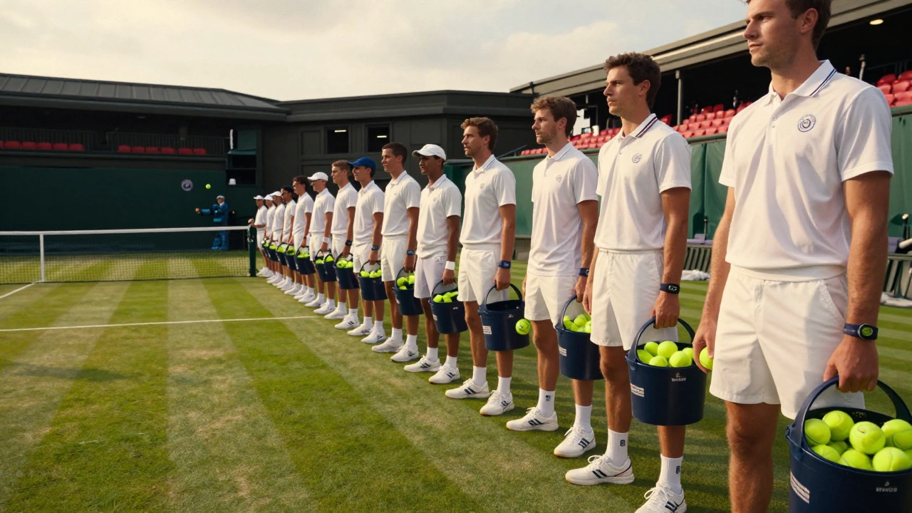 Ball persons in white uniforms standing on the sidelines of Wimbledon Centre Court.