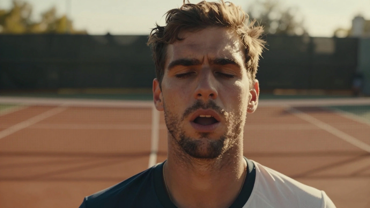 Close-up of a resilient tennis player resetting mentally after a missed shot.