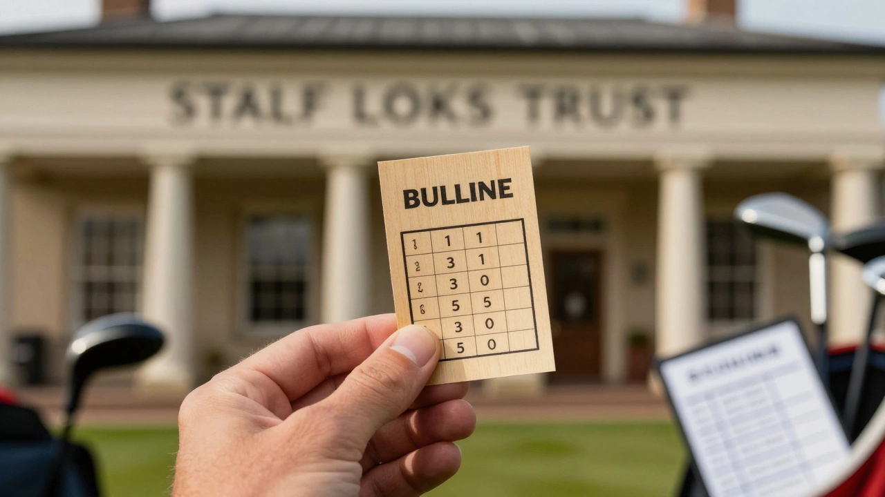 Close up of hand holding Old Course ballot ticket near St Andrews clubhouse entrance.