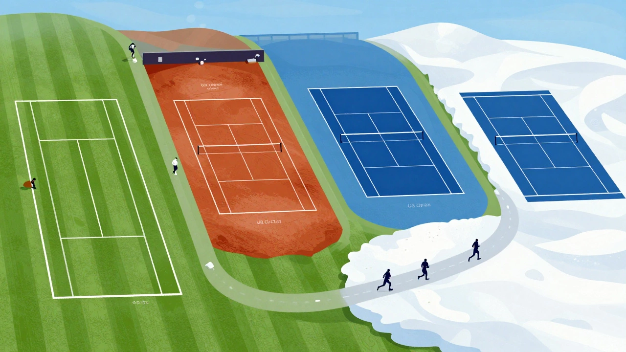 Conceptual timeline showing tennis seasons transitioning through grass, clay, and hard courts