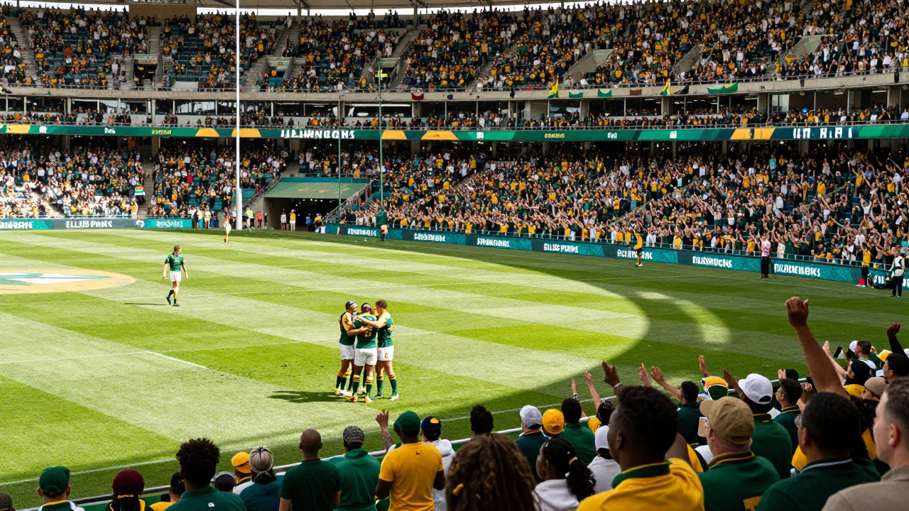 Diverse crowd cheering wildly at Ellis Park during a Springboks rugby game
