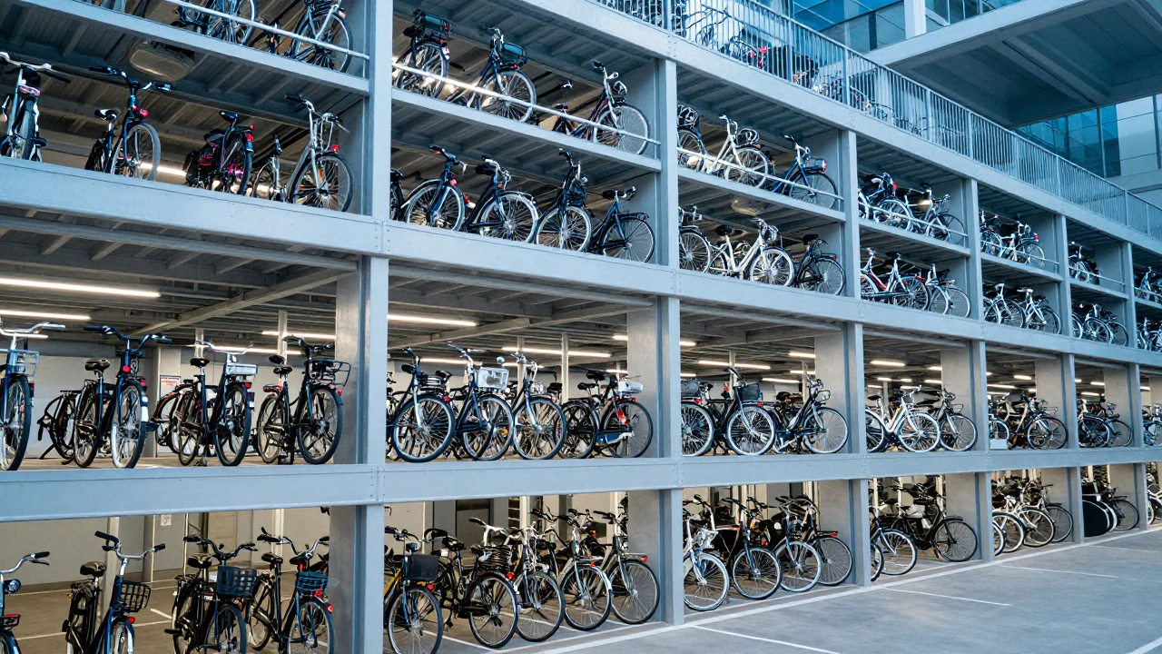 Interior of a massive multi-story bicycle parking garage filled with bikes