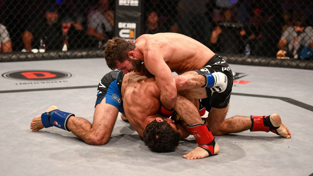 MMA fighters grappling on the mat inside an octagon cage