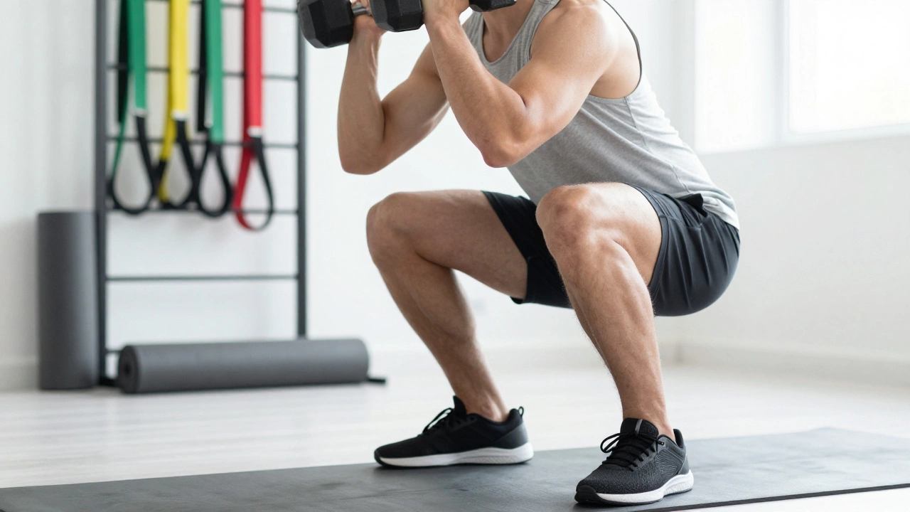 Person doing squats with dumbbells in a bright home gym