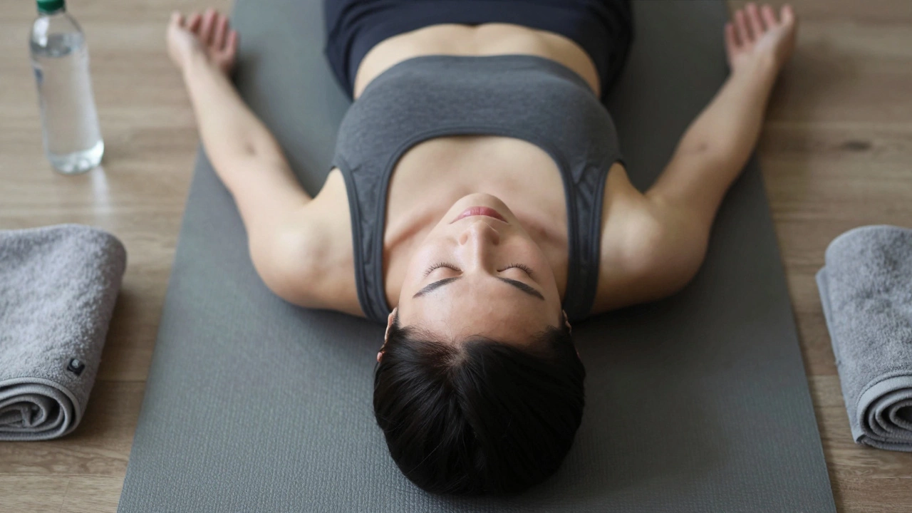 Person relaxing in final yoga pose with water bottle nearby
