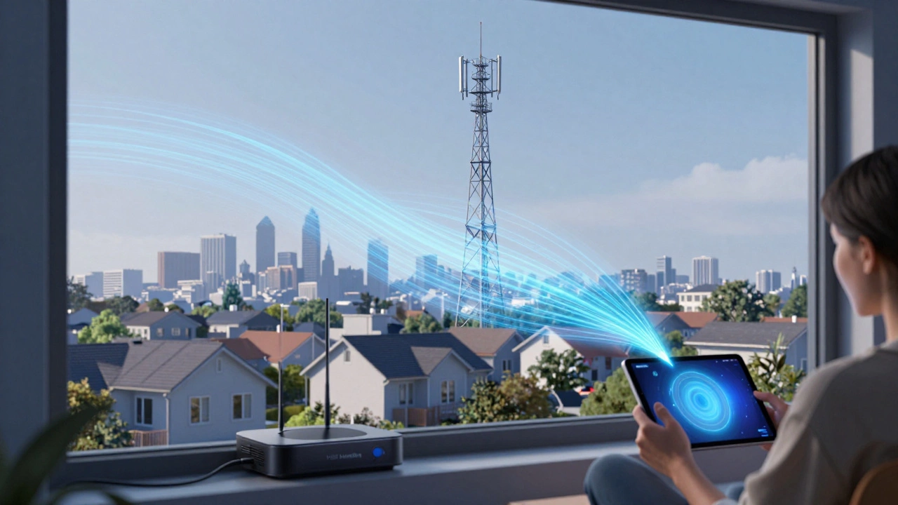 Radio waves flowing from tower to home streaming device for TV