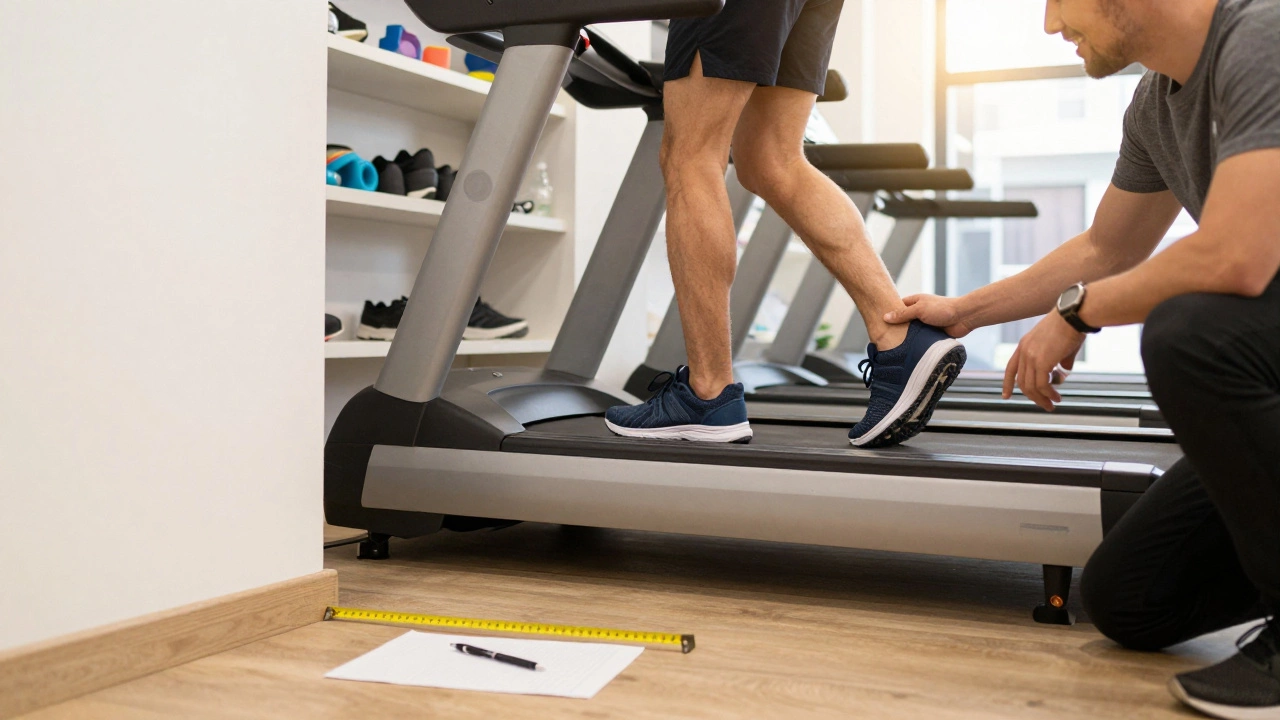 Runner testing shoe fit on treadmill in a bright retail store
