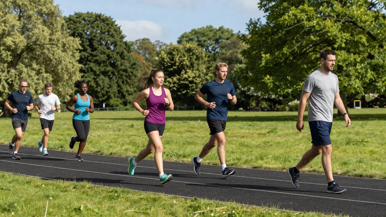 Runners varying pace: sprinting, jogging, and walking in a park