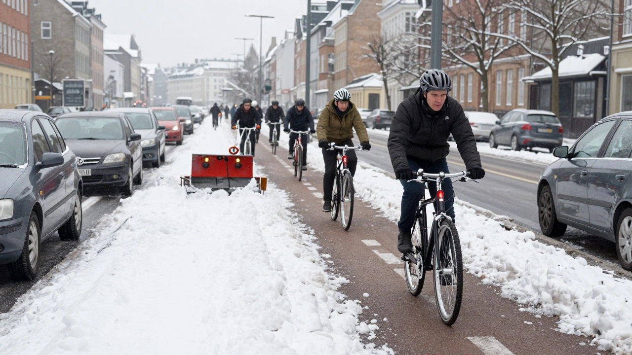 Snow cleared bike lane in Copenhagen while cars face deep snow nearby