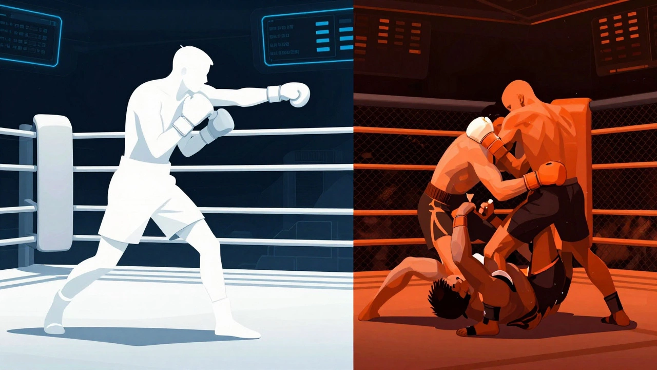 Split screen concept art comparing boxing precision vs MMA chaos