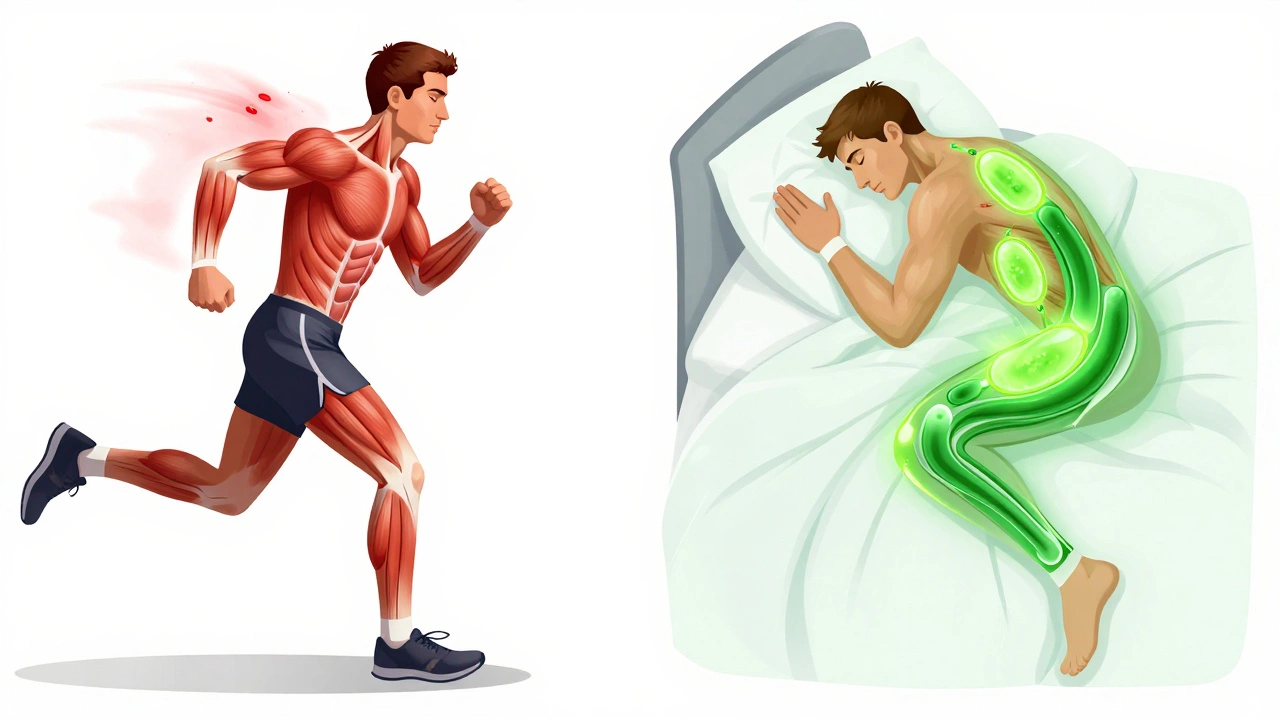 Visual metaphor showing muscle damage from running vs repair from rest