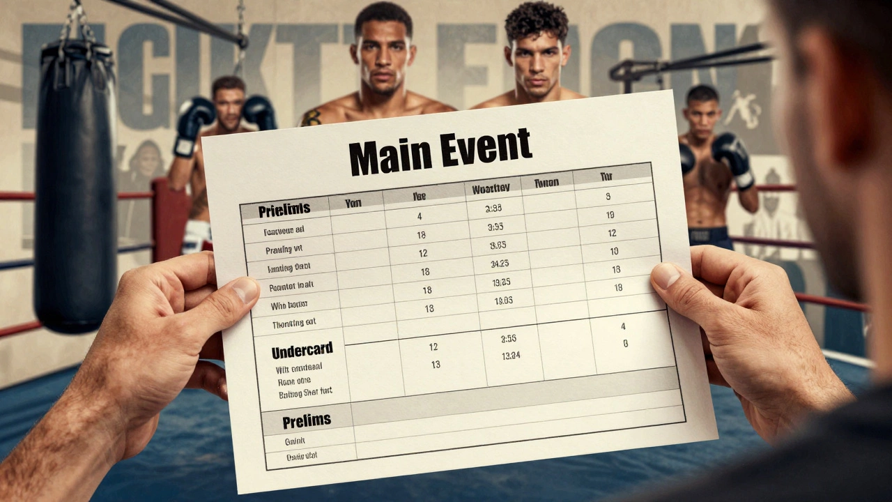 A fight card showing match types like prelims and main events.