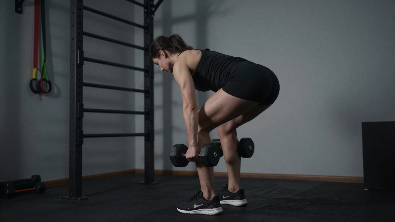 Athlete doing a dumbbell deadlift with proper form in a home gym