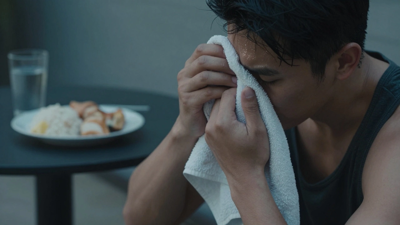 Athlete resting with healthy meal in background