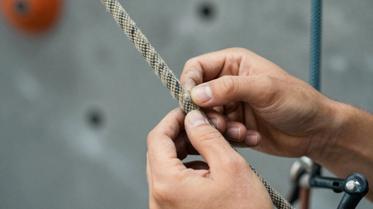 Close-up inspection of a climbing rope for signs of wear and damage