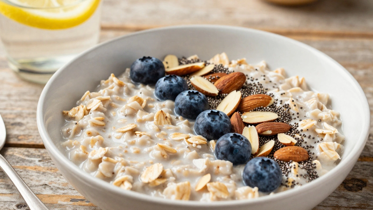 Colorful healthy breakfast with oats, berries, nuts, and water