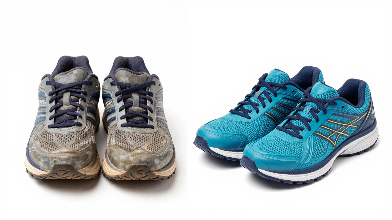 Comparison of worn-out versus new running shoes to illustrate replacement timing