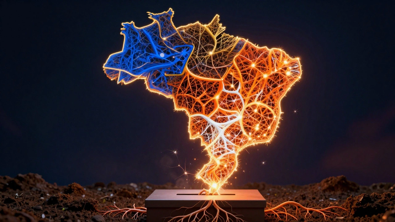 Conceptual art showing intertwined Catholic and Evangelical influences on Brazilian society