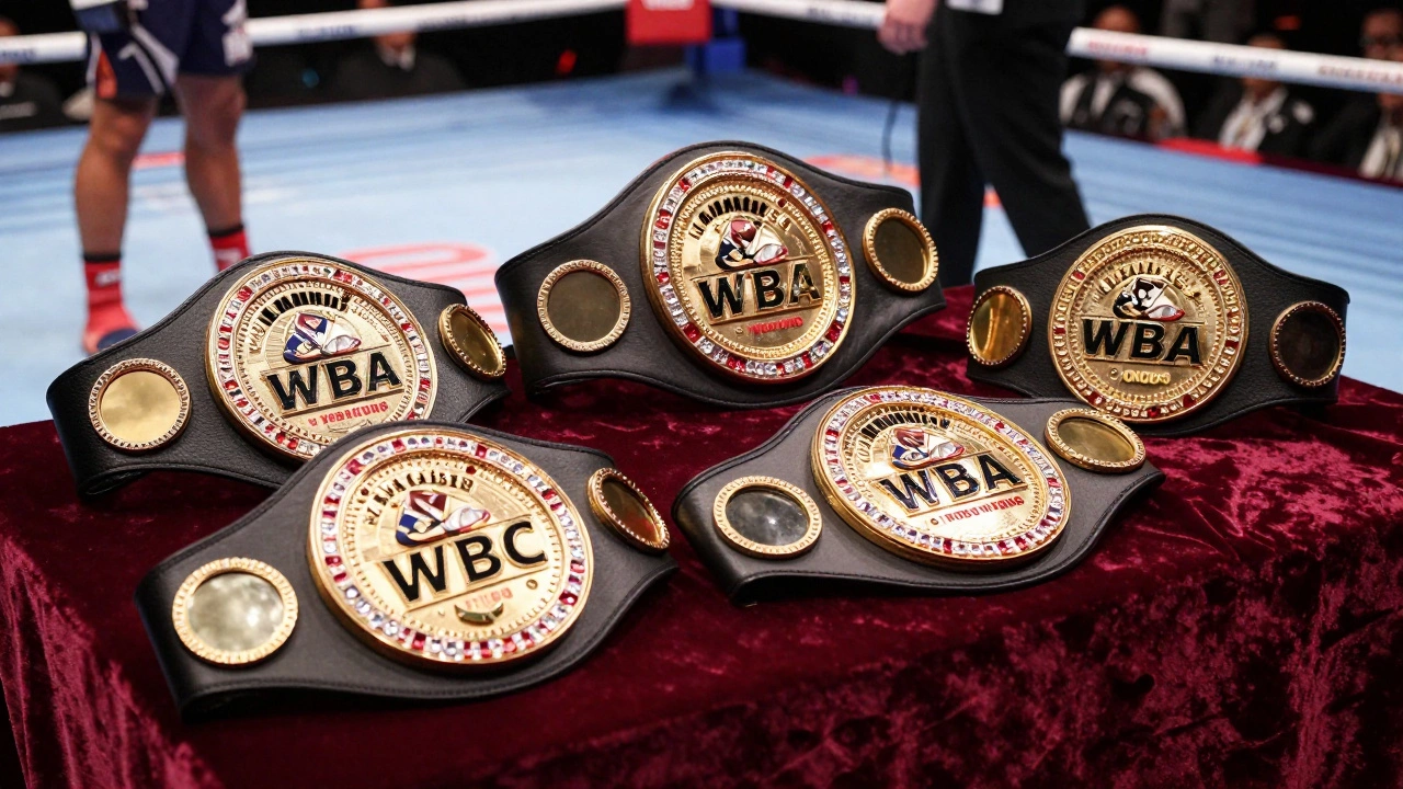 Four shiny championship belts on a table symbolizing title fights.