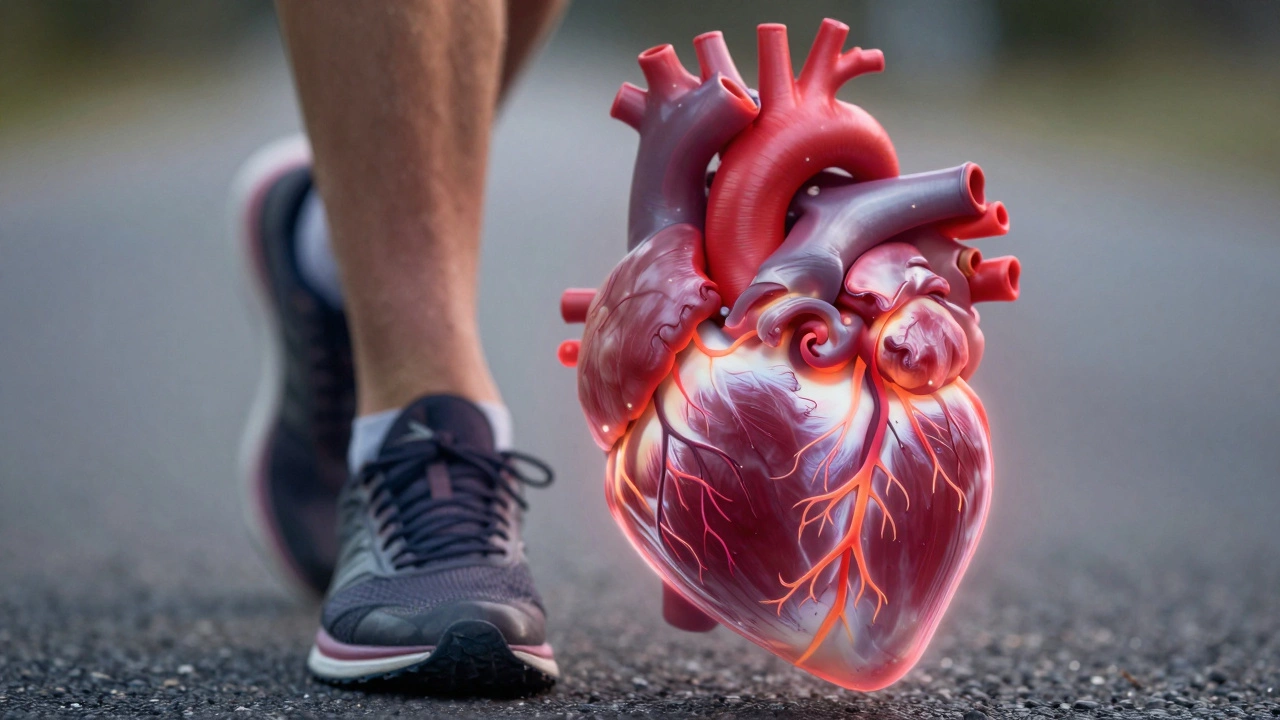 Glowing healthy heart overlaid on runner's legs, symbolizing cardiovascular benefits