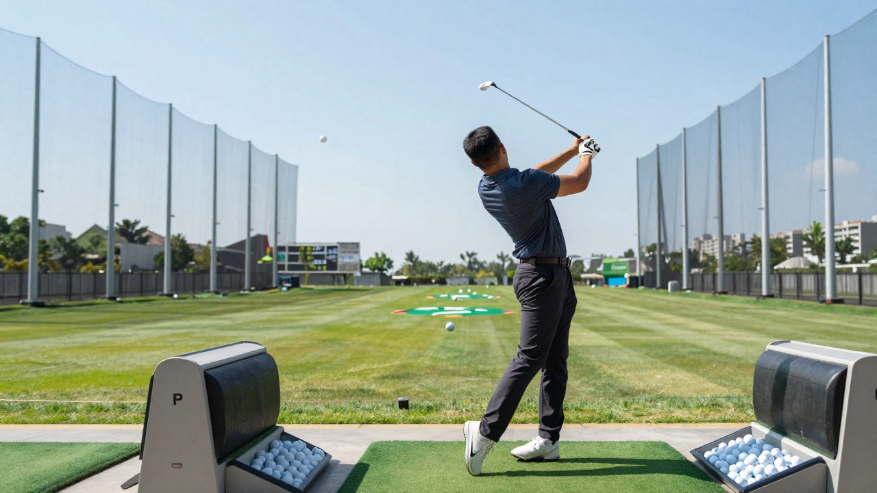 Golfer swinging at a modern outdoor driving range