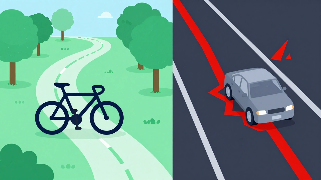 Graphic comparing safe green bike paths vs dangerous red car routes