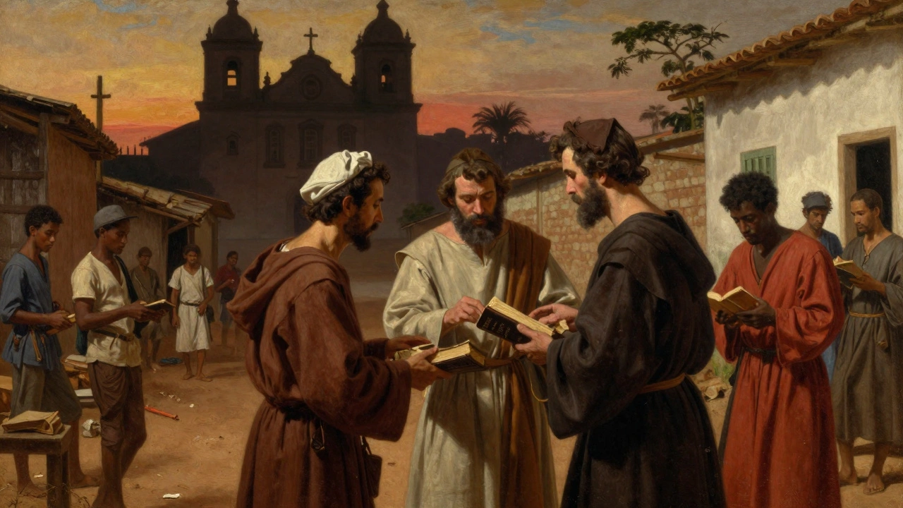 Historical illustration of missionaries distributing Bibles in early 20th century Brazil