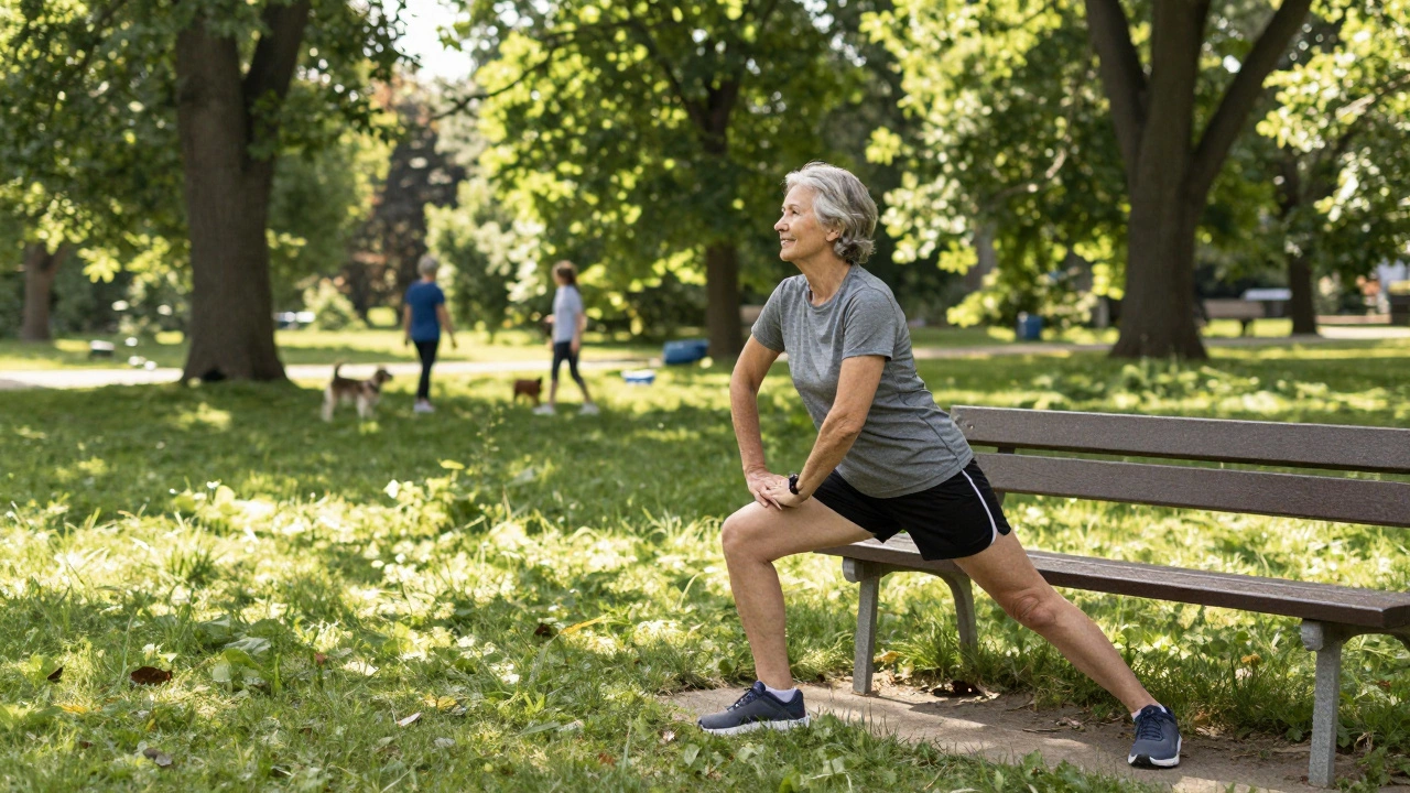 Older runner stretching peacefully on a park bench, enjoying post-run relaxation