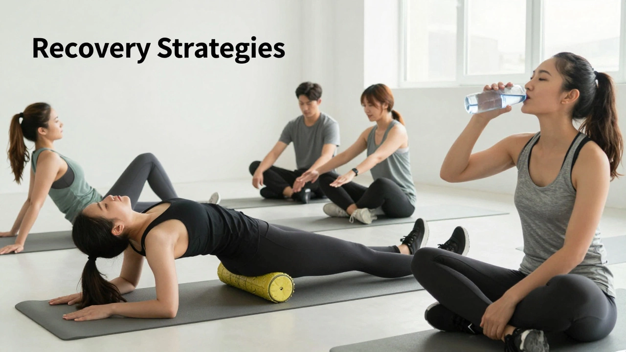 People practicing recovery techniques like stretching and foam rolling