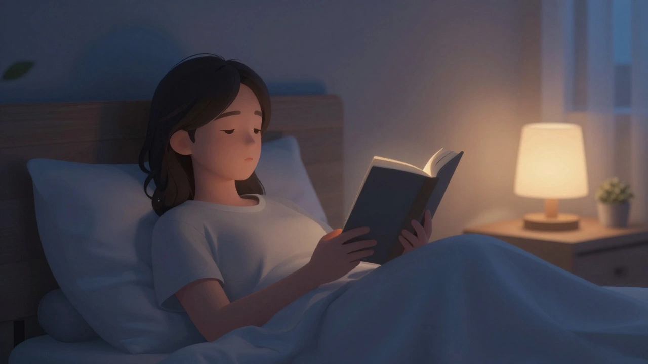 Person reading a book in a dim bedroom for better sleep