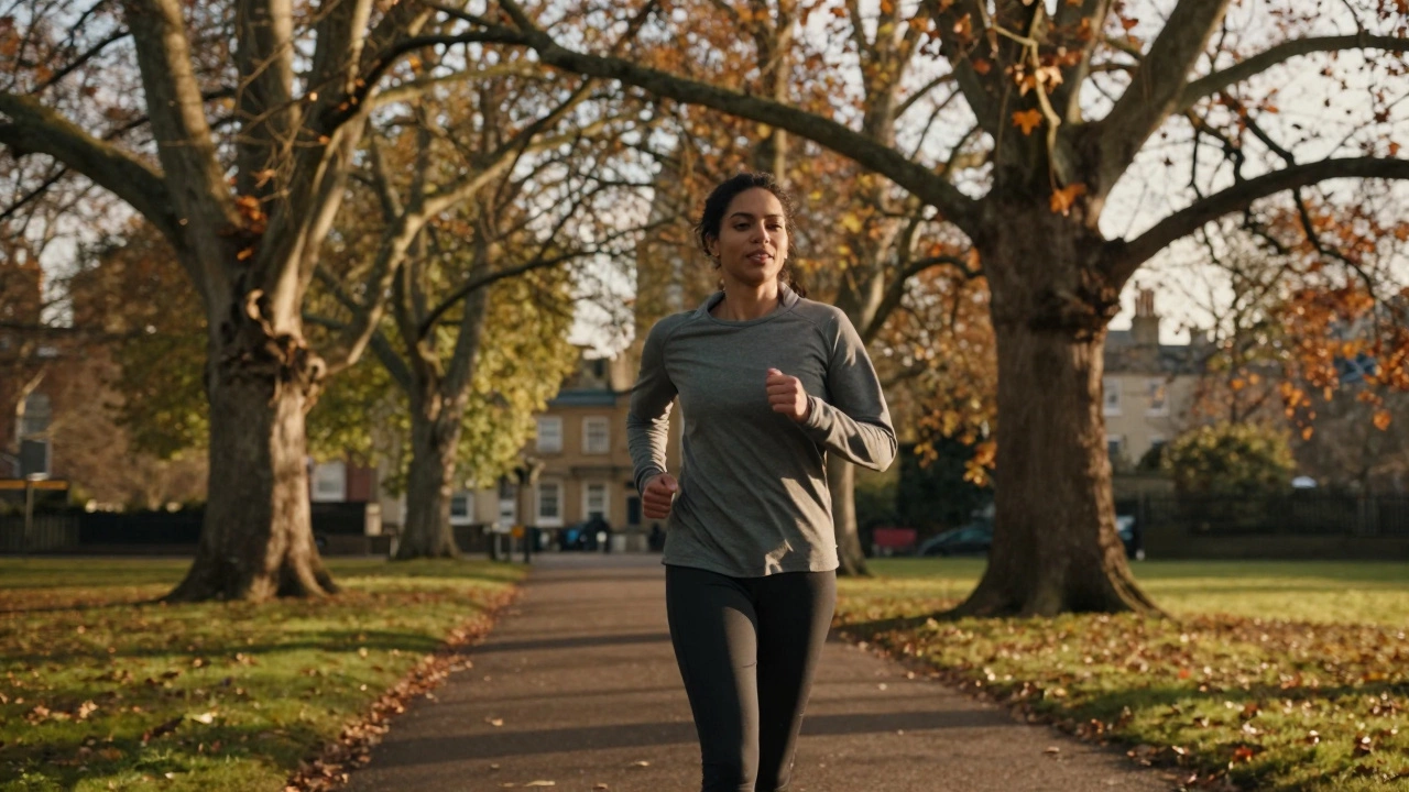 Person walking for active recovery in a park with autumn trees