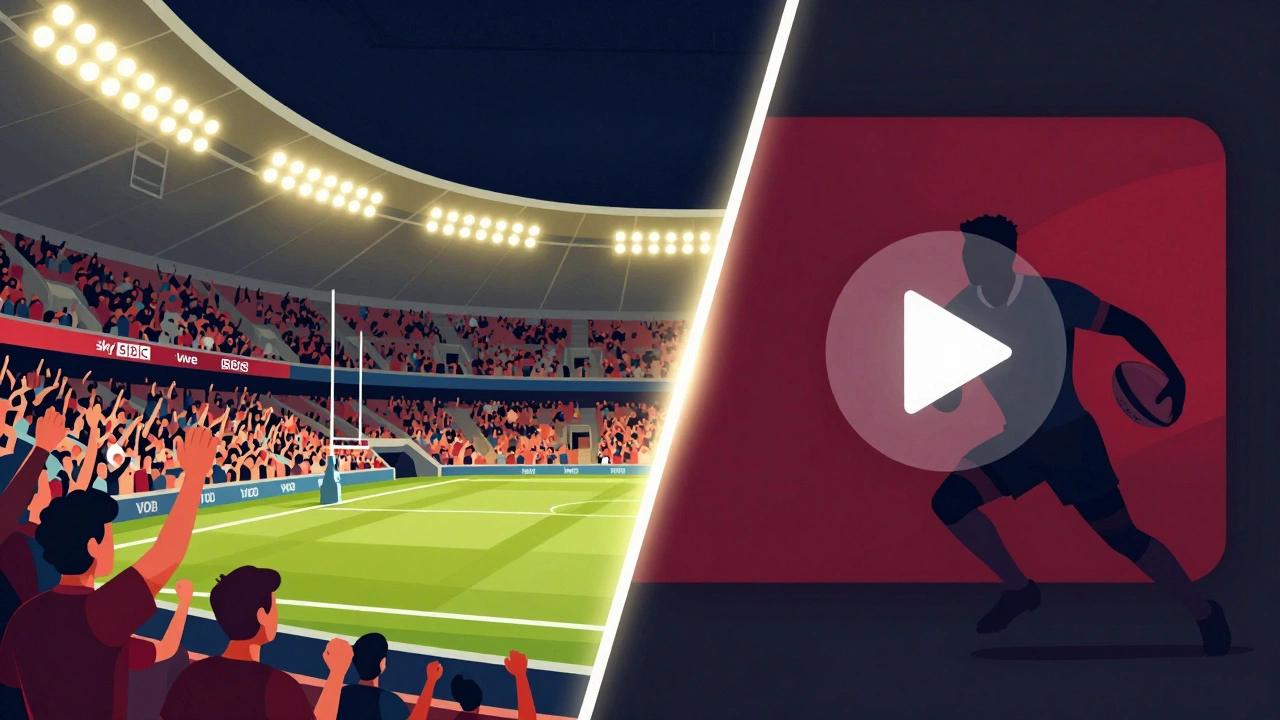 Split image comparing crowded live rugby stadium with calm streaming interface