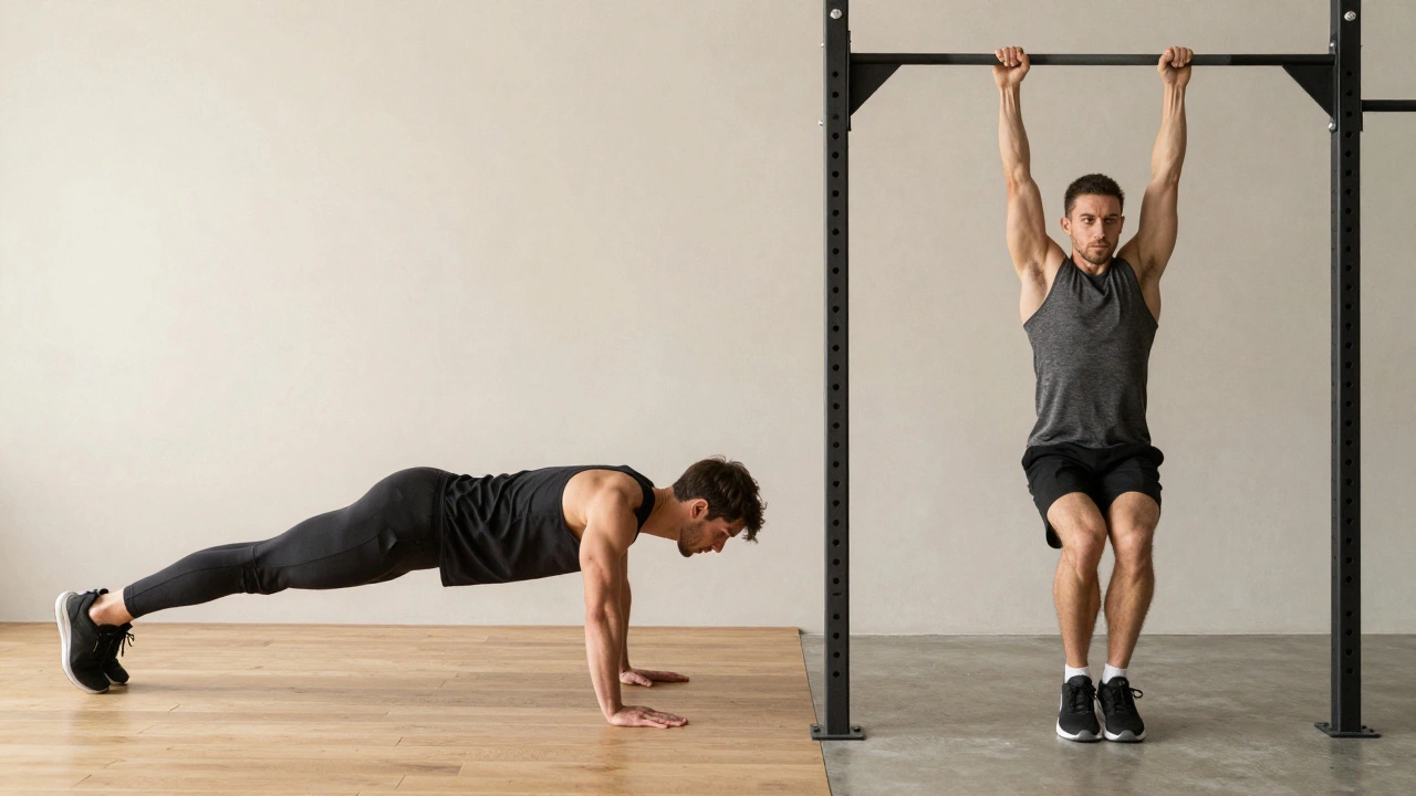 Split view of someone doing push-ups and pull-ups in a studio