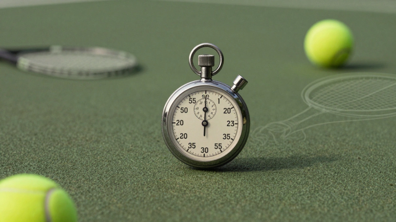 Stopwatch floating over a tennis court symbolizing speed