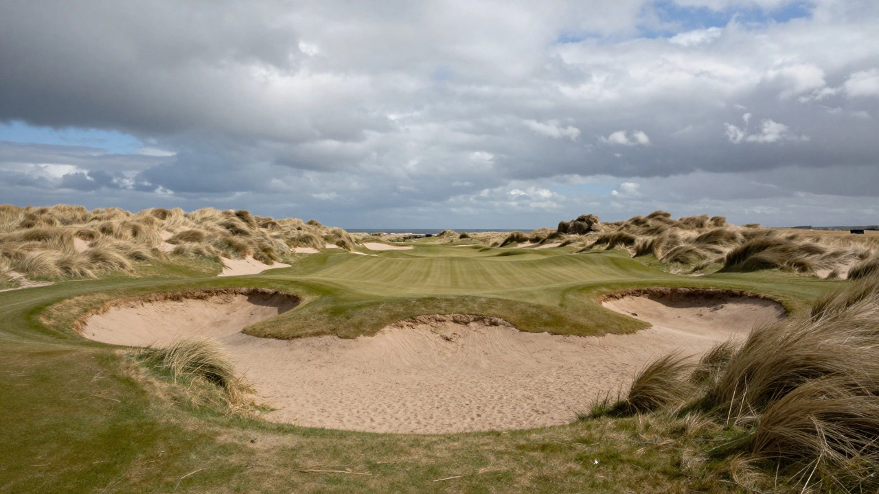 Wind-swept coastal links golf course with sand dunes