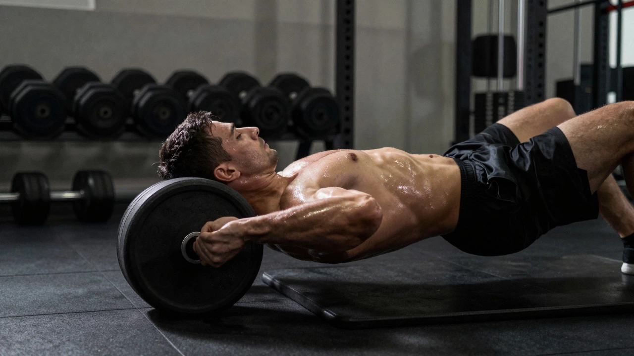 Athlete performing ab wheel rollout exercise in a gym