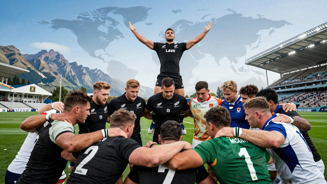 Diverse rugby players huddling together in modern stadium setting