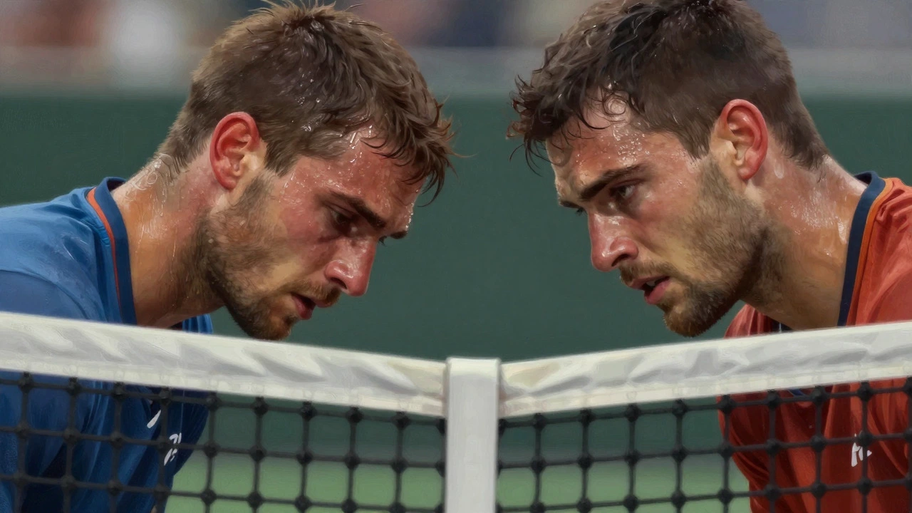 Exhausted tennis players facing each other across the net, showing intense fatigue
