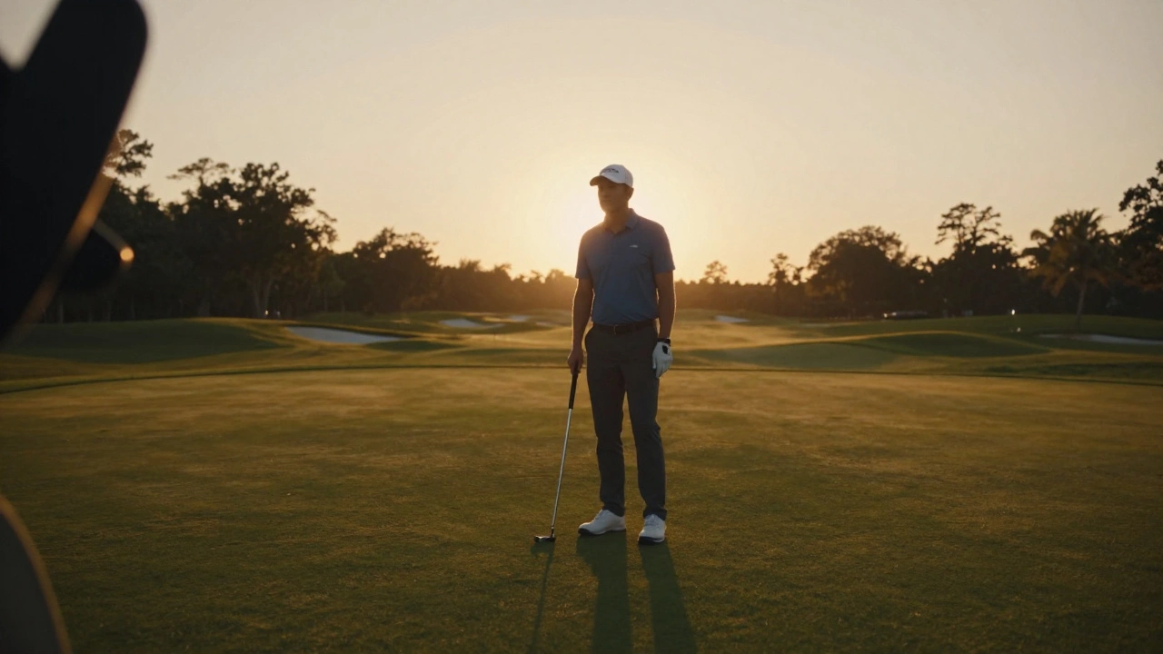 Golfer reflecting on the green during sunset after a tough hole