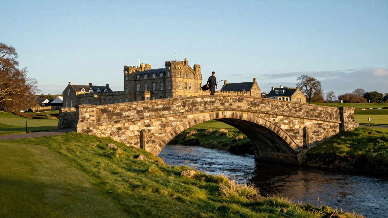 Golfer walking over Swilcan Bridge at St Andrews in sunlight