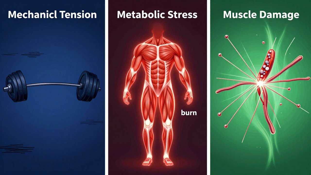 Illustration showing mechanical tension, metabolic stress, and muscle repair