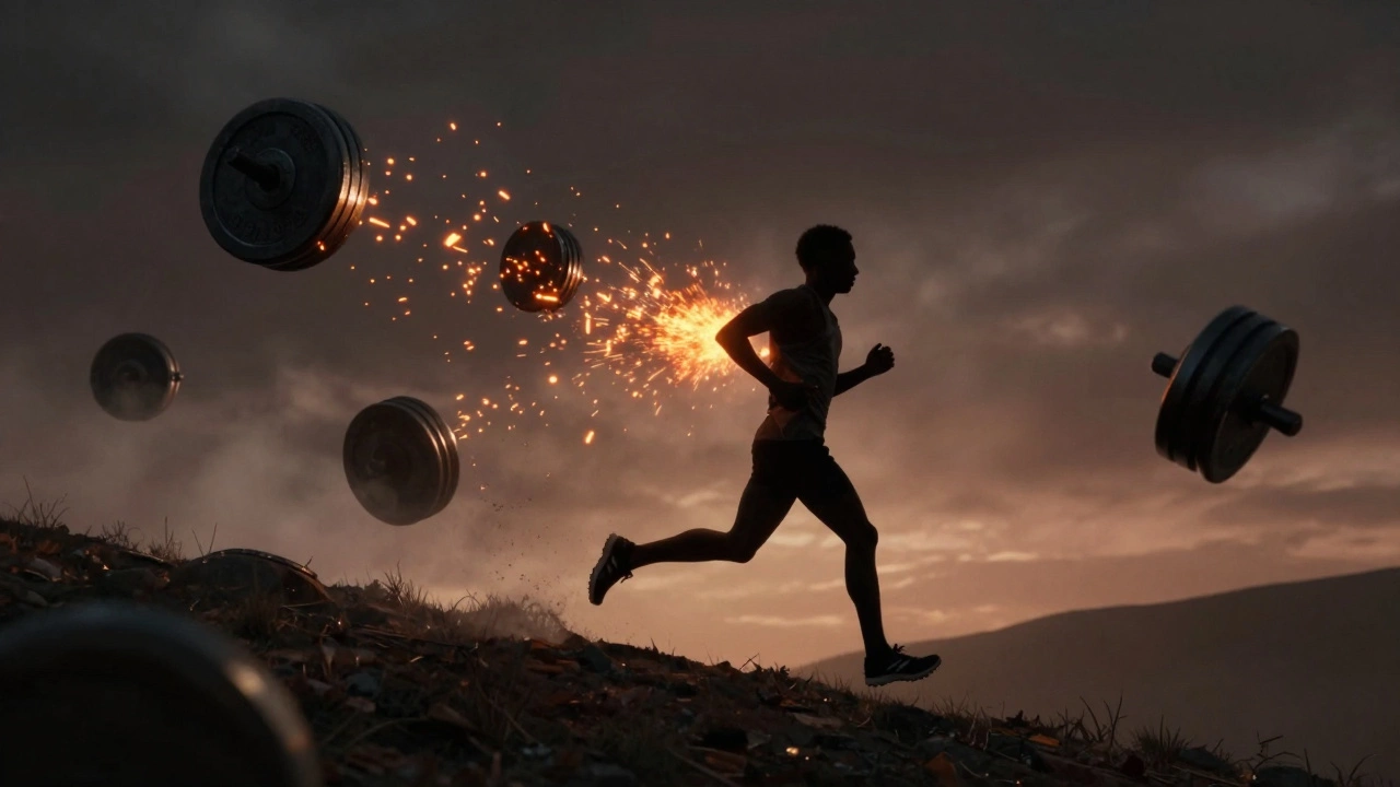 Lean runner shedding weight symbols to show endurance efficiency