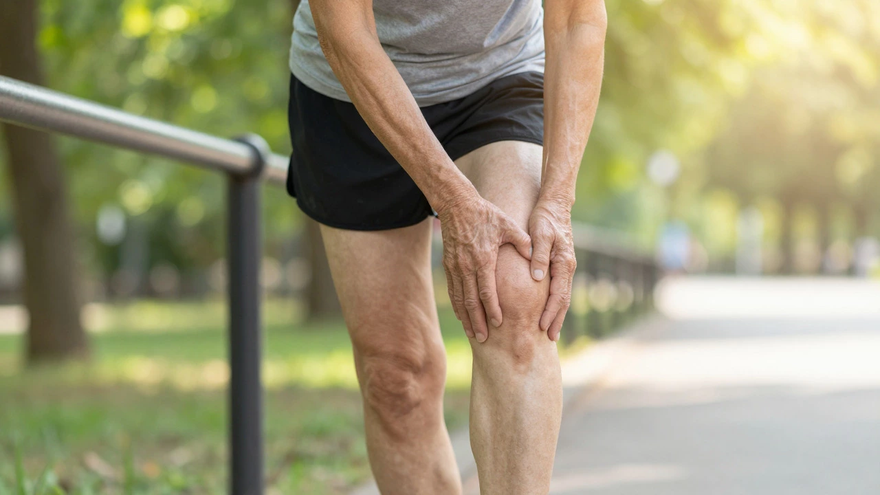 Older runner stretching leg in a park, symbolizing joint health and longevity