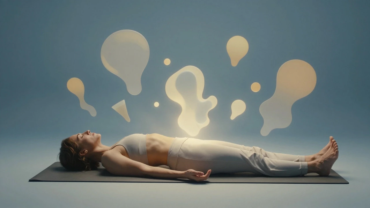 Person relaxing in Savasana pose, surrounded by abstract shapes symbolizing stress relief.
