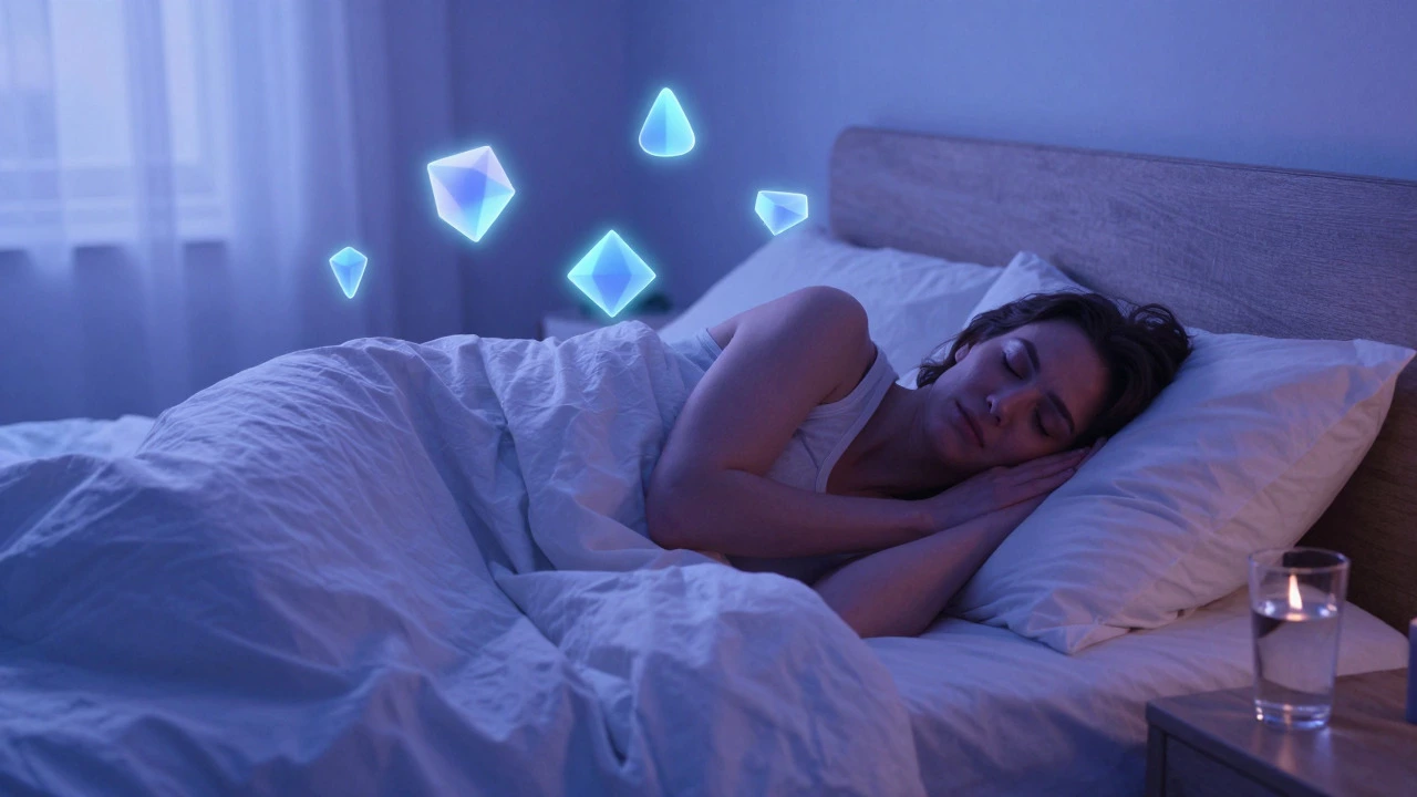 Person sleeping peacefully in a calm, dimly lit bedroom