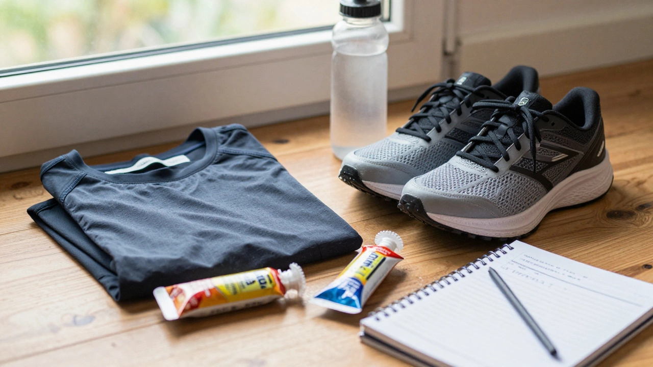 Running shoes, gear, and nutrition items arranged for marathon prep