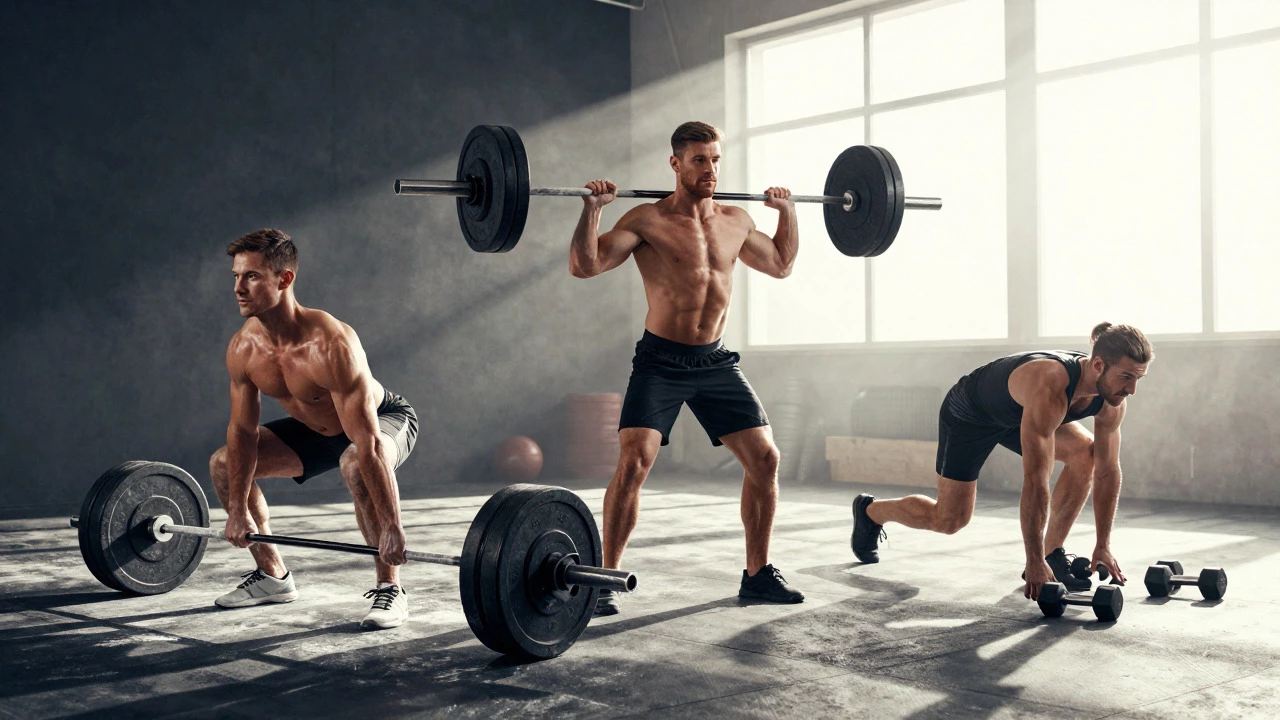 Split image comparing heavy strength lifting vs high rep endurance training