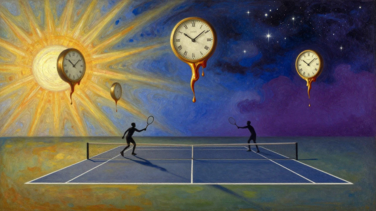 Surreal art of a tennis court stretching through day and night with melting clocks