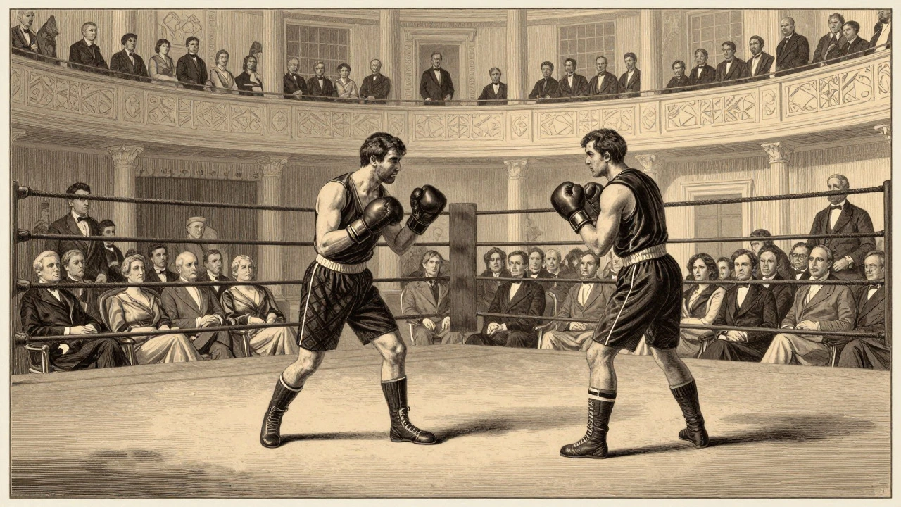 Victorian-era boxing match in a roped ring with gloved fighters.